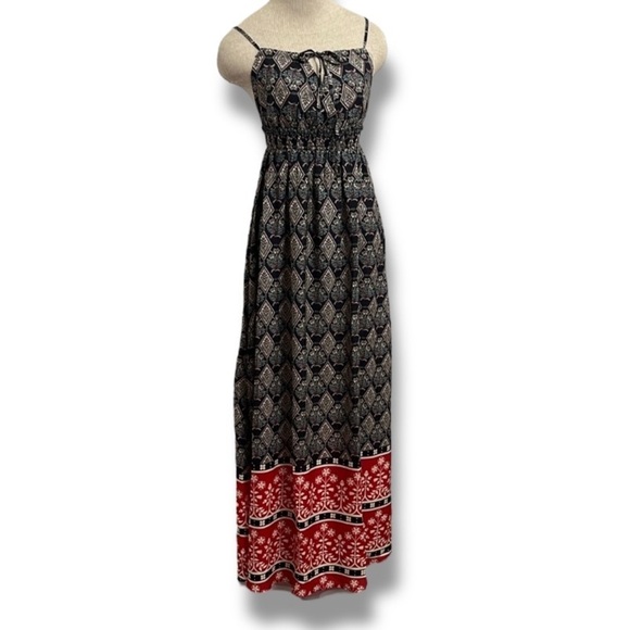 Hayden LA Navy Blue and Red Floral Maxi Dress Smocked Open Back Size Small NWT - Picture 1 of 15